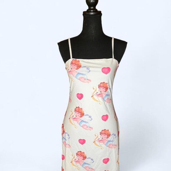 Y2K Cupid Cherub Heart Print Mini Slip Dress Coquette Valentine Size Small 💘 - Picture 2 of 7